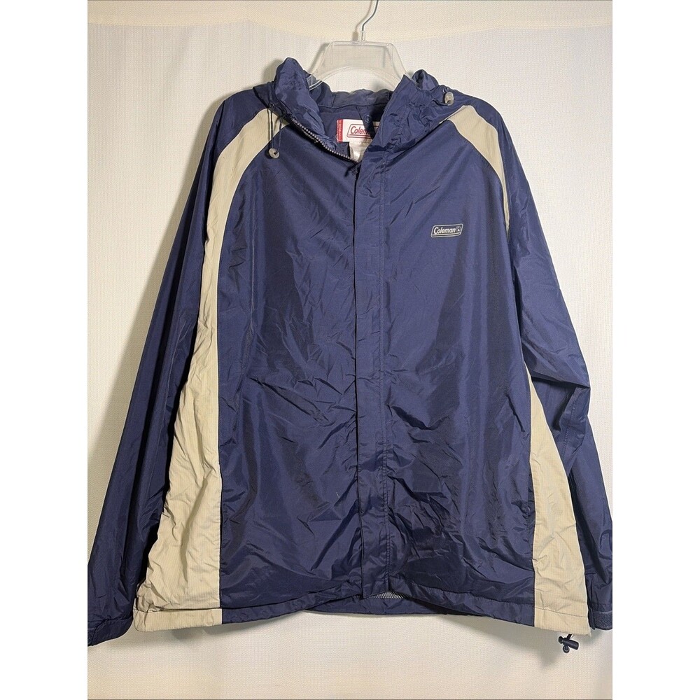 Coleman Men’s XXL Nylon Jacket Mesh Lined Pockets Hooded Navy Tan